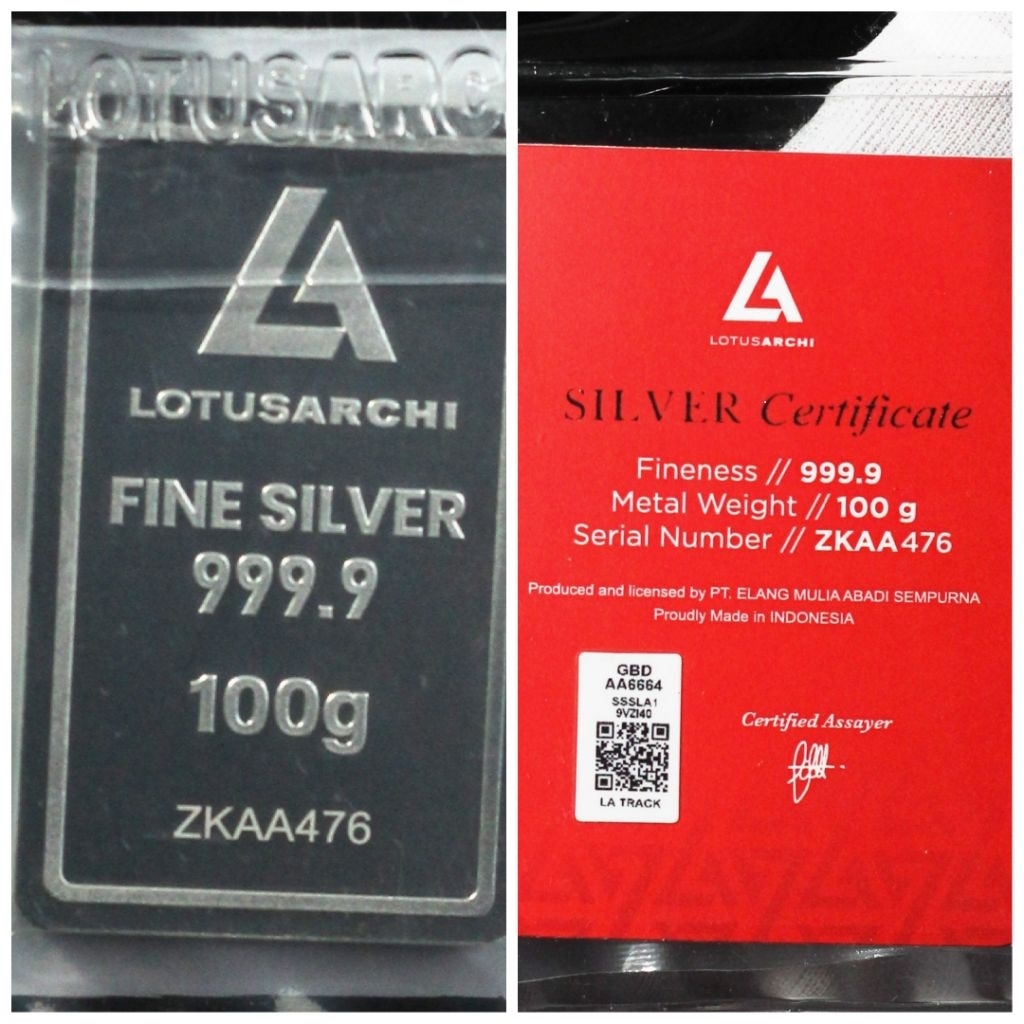 Perak Lotus Archi 100 Gram Silver Kadar 999.9 Logam Mulia Fine Bar Batangan Murni Sertifikat Asli