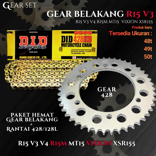 GEAR BEALAKANG PLUS RANTAI DID 428 128L GEAR BELAKANG R15 V3/V4/VIXION GEAR SET R15 V3 R15V3 V4 R15M