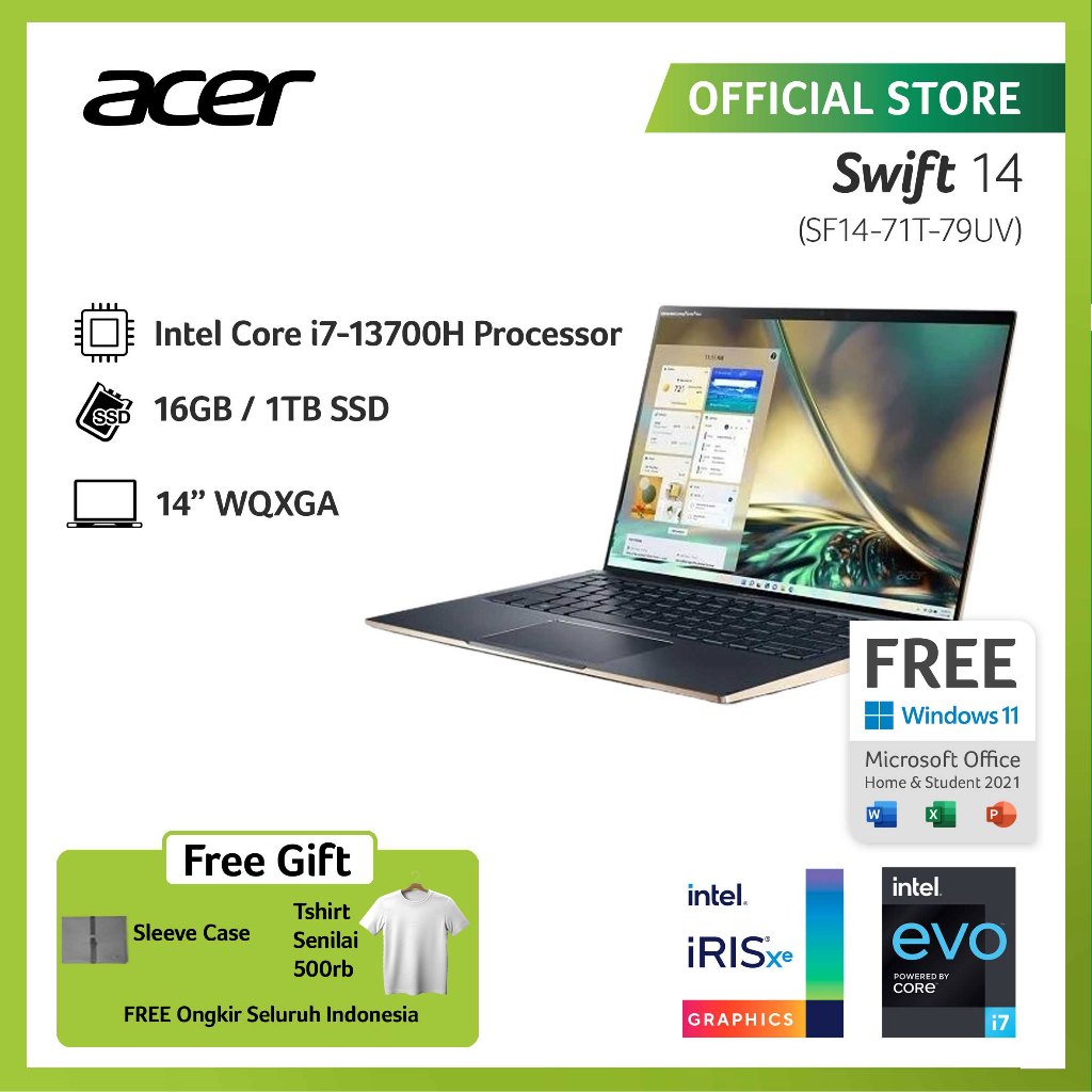 (FREE EXCLUSIVE TSHIRT) ACER LAPTOP SWIFT 14 SF14-71T-79UV 14"QHD INTEL EVO I7-13700H RAM 16GB STORA