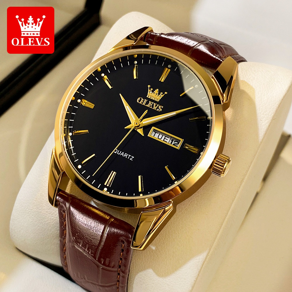 OLEVS Jam Tangan Pria Anti Air Tali Kulit Luminous