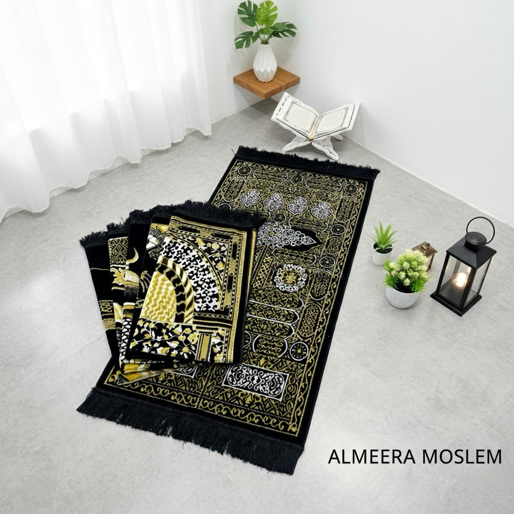Sajadah Turki Hitam Motif Kiswah Ukuran Sedang 55 cm X 110 cm