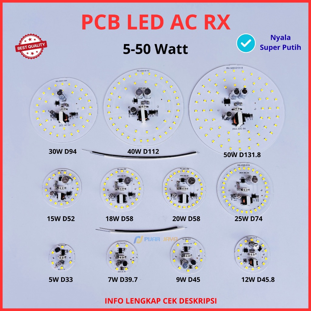 PCB Lampu LED RX 5 7 9 12 15 18 20 23 25 30 40 45 50 Watt Mesin Lampu PCB LED AC Nyala Super Putih