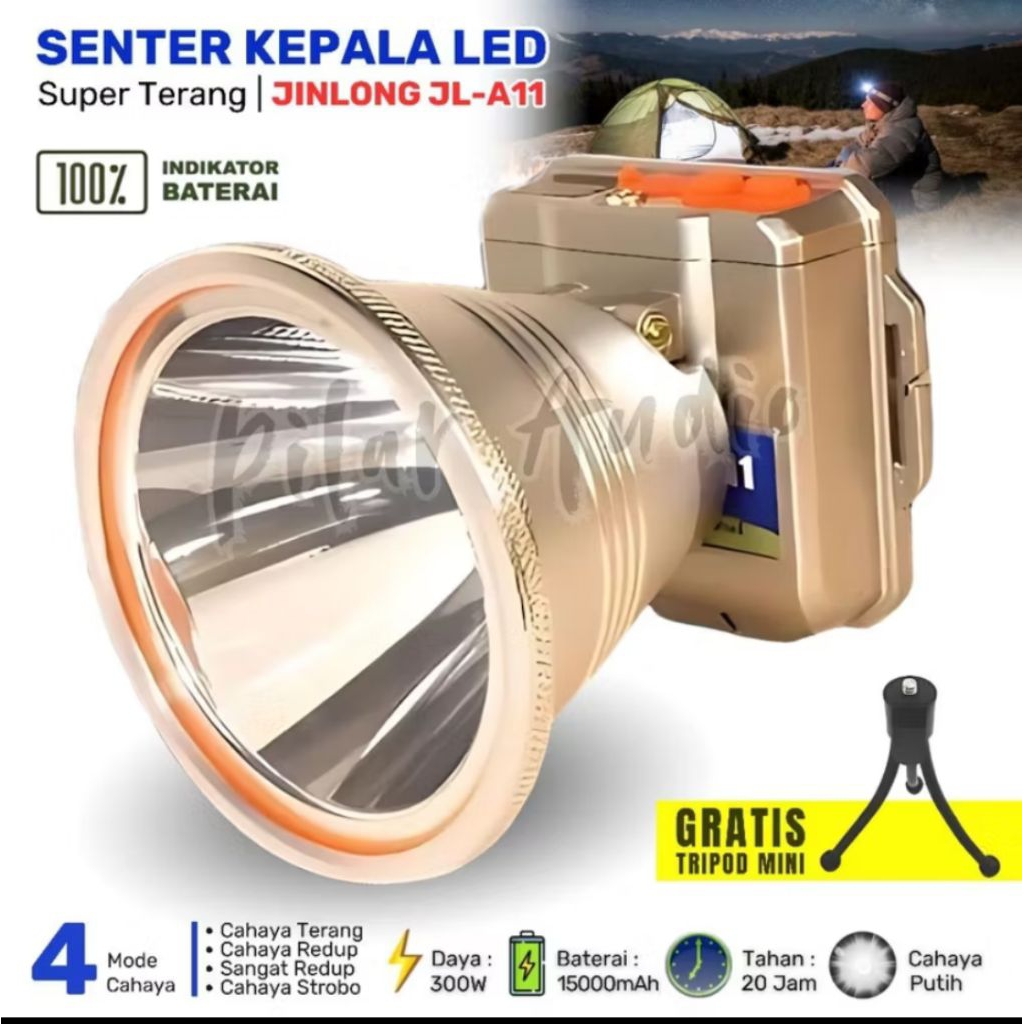 jinlong jl-a11 senter kepala gunung anti air senter kepala jinlong 300watt cahaya putih terang bonus