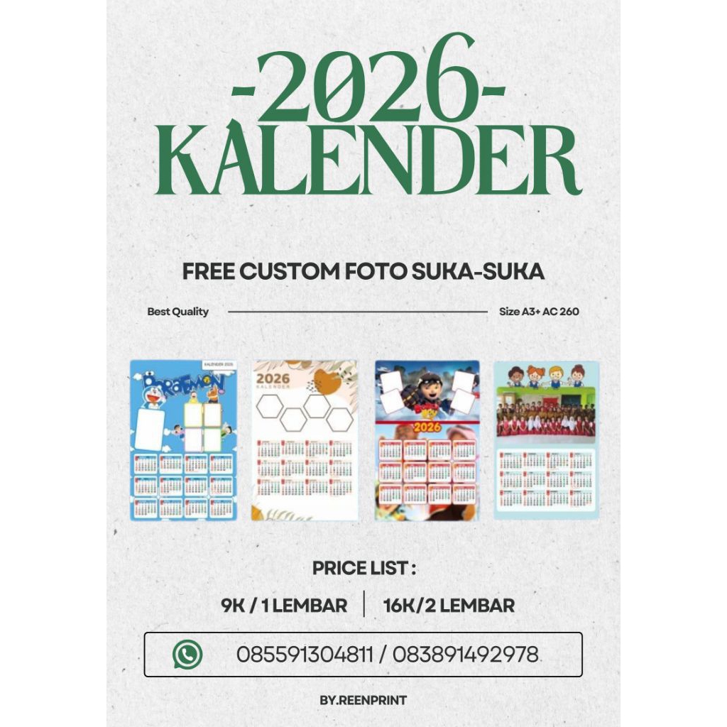 Kalender 2026 | Kalender Custom Foto Keluarga | Kalender Murah | Bisa Cod