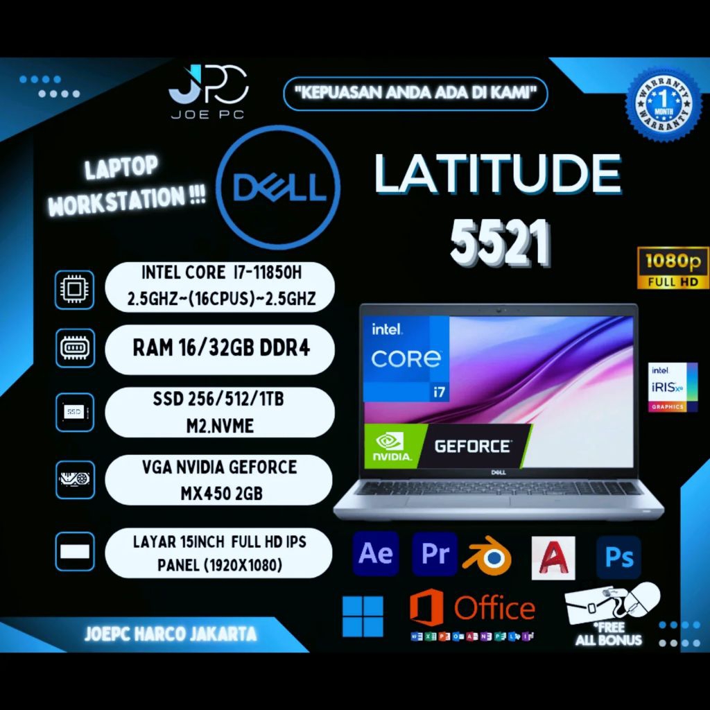 Laptop Dell Latitude 5521 Intel Core i7 Gen 11th (11850H) 16Cpus RAM 32GB SSD 1TB VGA Nvidia GeForce
