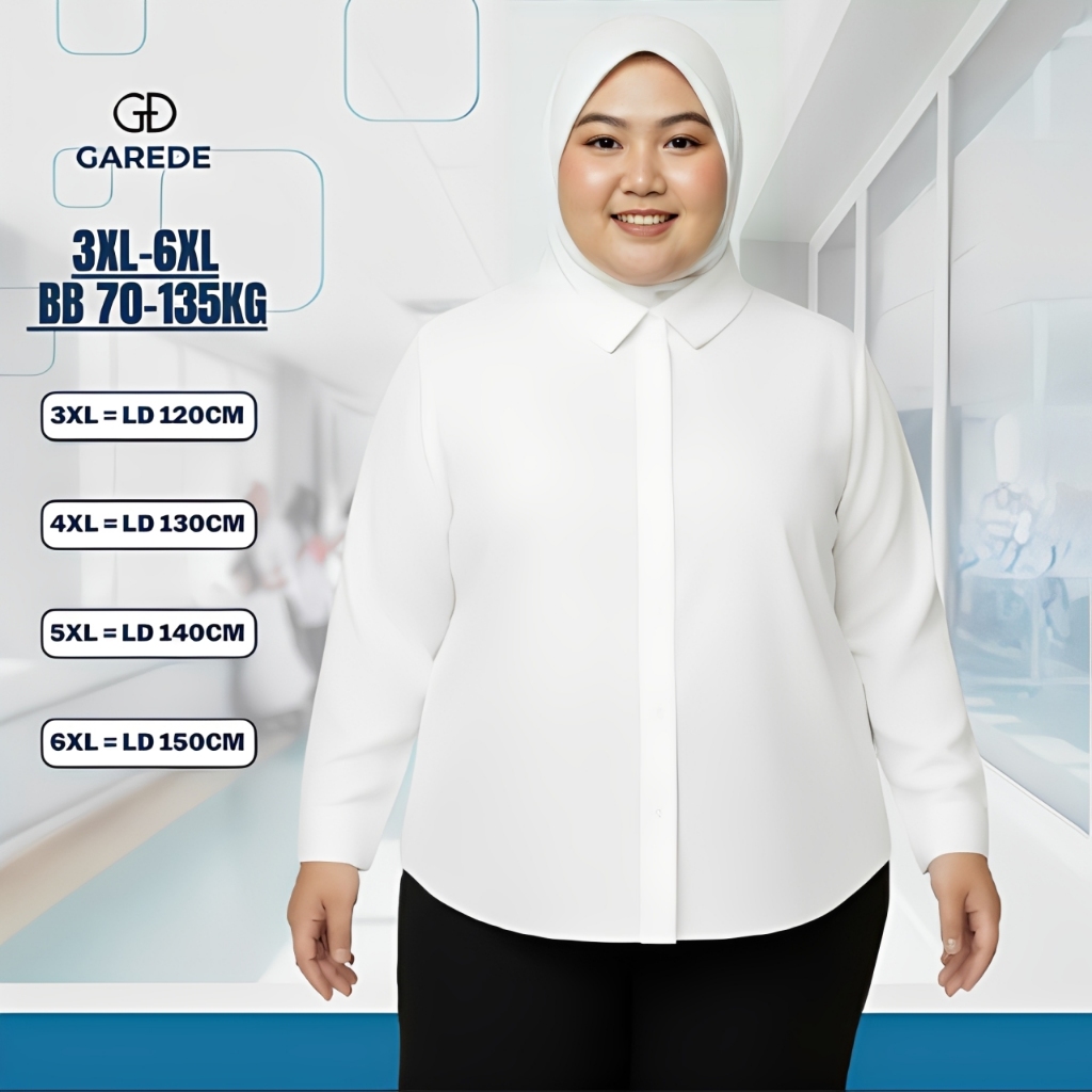 Garede - Kemeja Putih Jumbo LD 120 130 140 150 Atasan Wanita Lengan Panjang Polos Formal