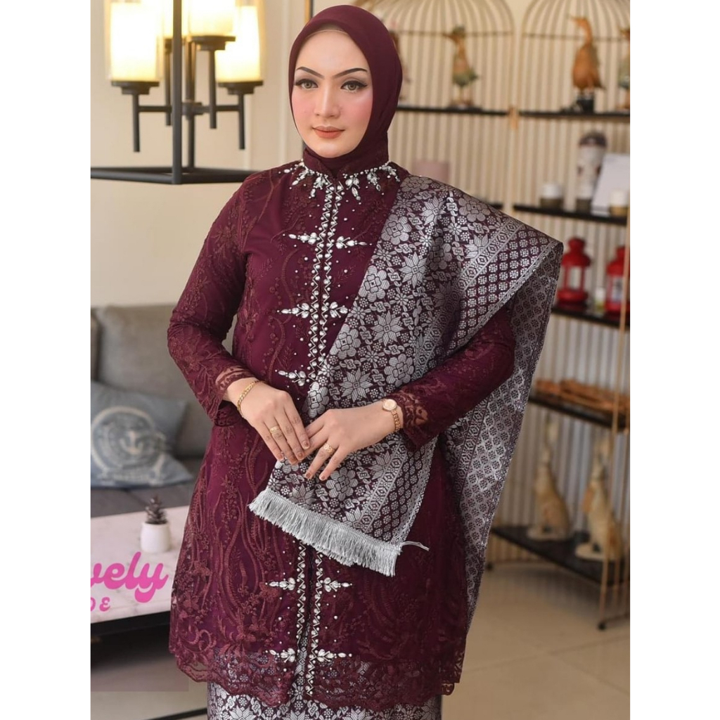 Stelan Tunik Selendang Songket / Kebaya Brokat Model Tunik / Baju Pesta Dan Kondangan / Kebaya Ibu B