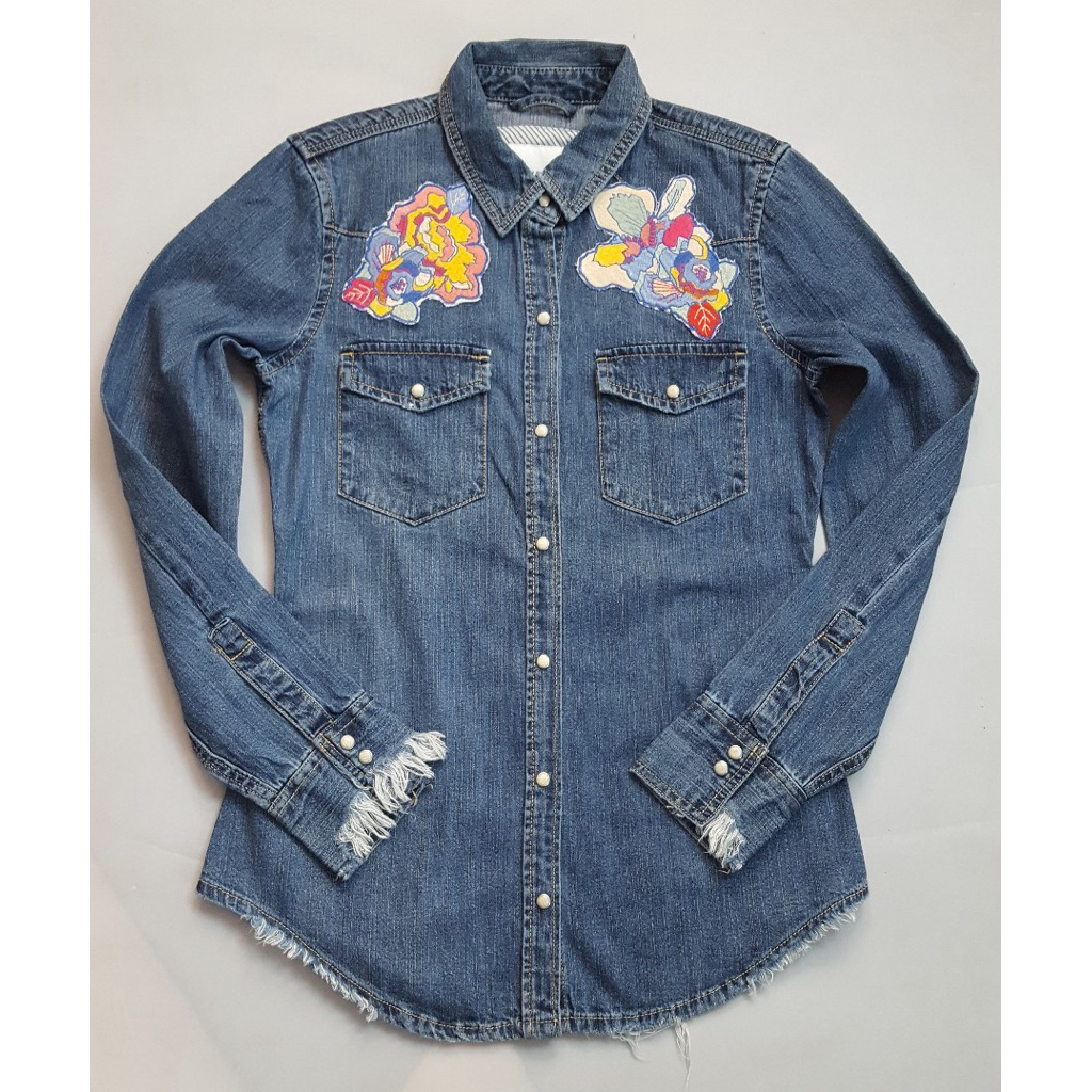Zara Denimjeans bordir bunga flower Top Kemeja preloved
