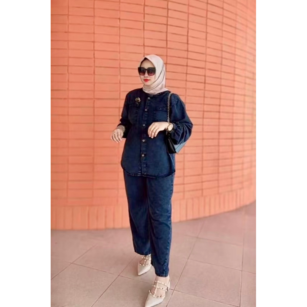 Oneset Jeans Atasan Kemeja Celana Kulot// Setelan Jeans Wanita