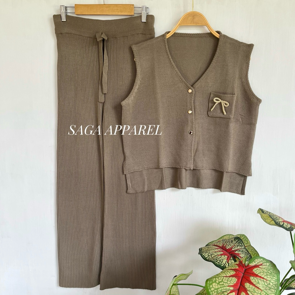 Vest Nella Oneset - Setelan Atasan Rompi Rajut Kancing Wanita Motif Polos Variasi Pita Lucu Setelan 