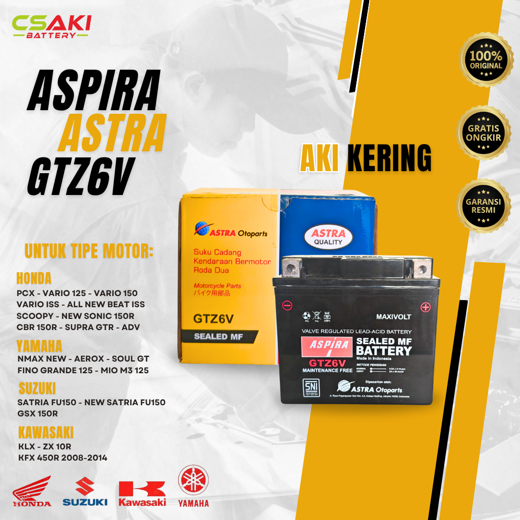 Aki Aspira GTZ6V Original – Aki Motor Kering Tahan Lama & Daya Starter Kuat | Beat, Vario, Mio, dll