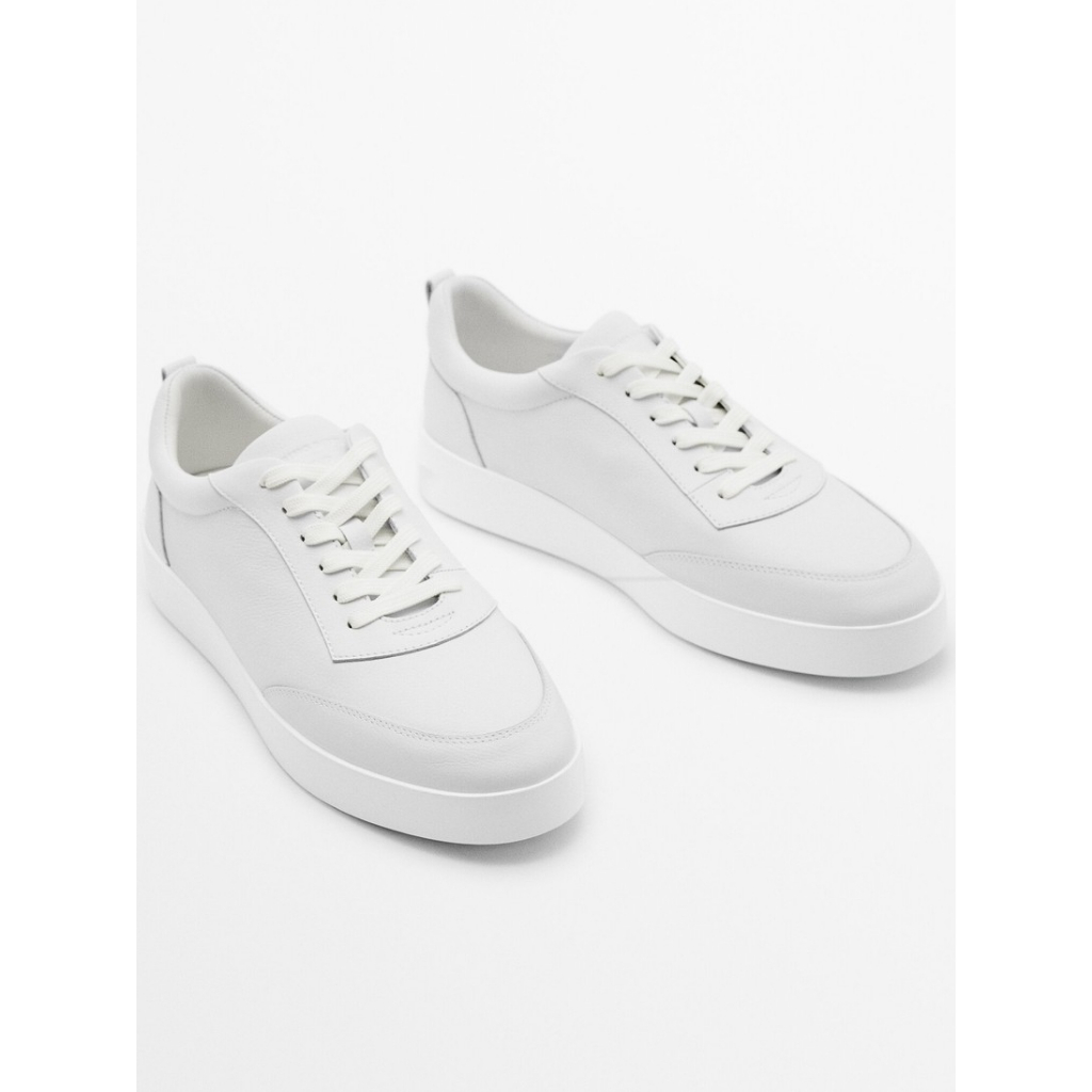 Massimo Dutti Studio Men's Leather Trainer Shoes in White | Sepatu Sneakers Kulit Pria