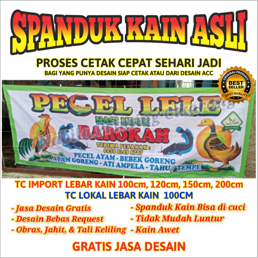 spanduk 100% kain Katun, pecel lele, Sari Laut, Lalapan, Seafood, Soto Lamongan, sate madura, angkri