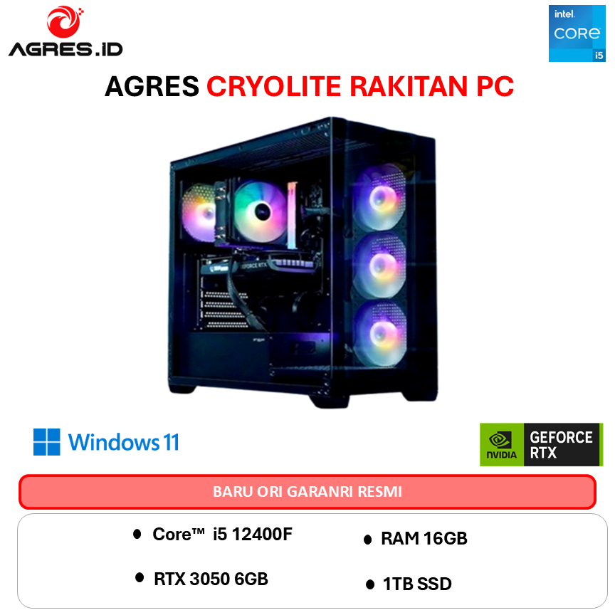 AGRES CRYOLITE PC I5 12400F RTX 3050 6G - RAM 16GB 1TB WIFI + BT RAKITAN PC GAMING
