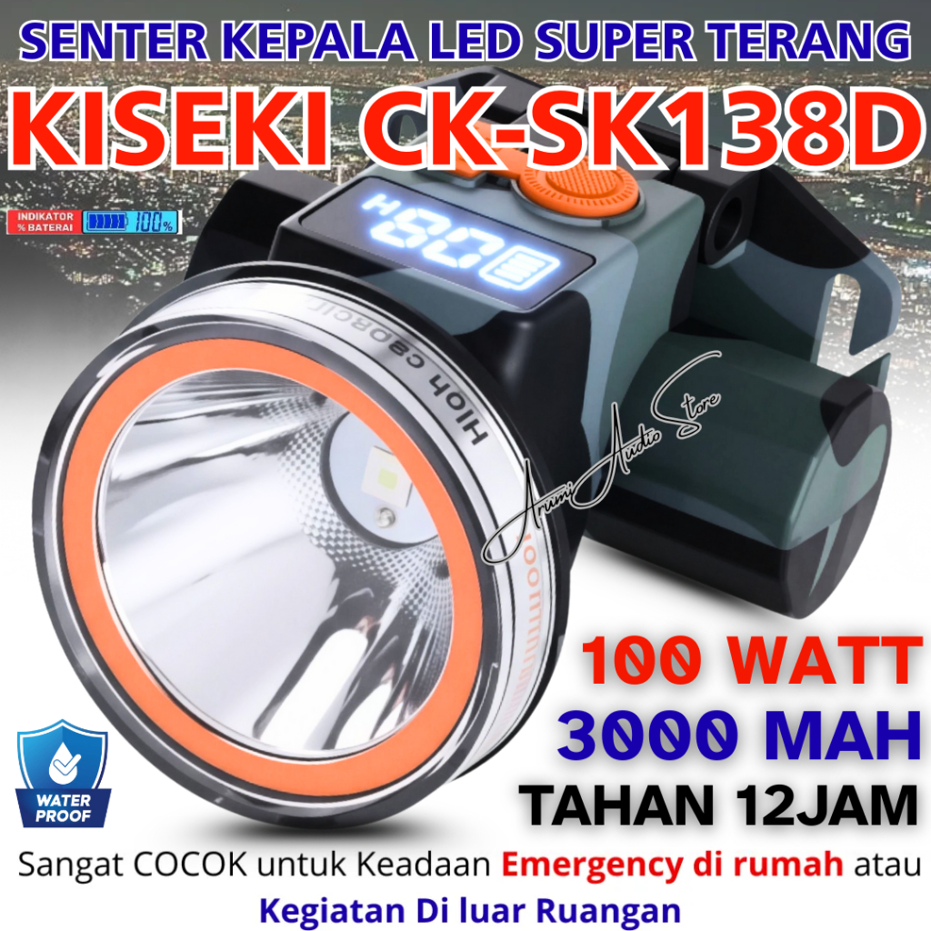 KISEKI Senter Kepala LED 100W CK-SK138D Cahaya Putih Super Terang Tahan 24 Jam Waterproof Headlamp O