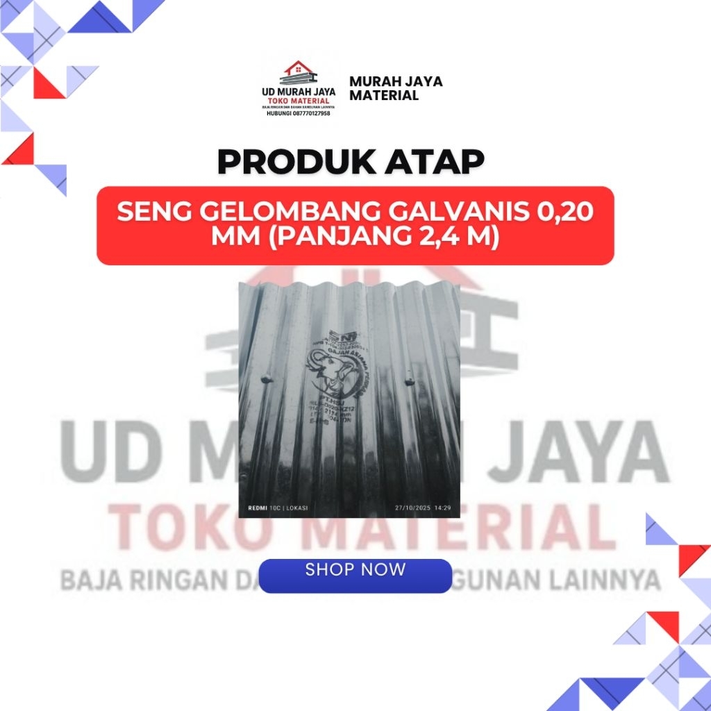 Seng Gelombang Galvanis 0.20 mm Panjang 2.4 Meter | Atap Seng Bangunan Tahan Karat & Tahan Lama