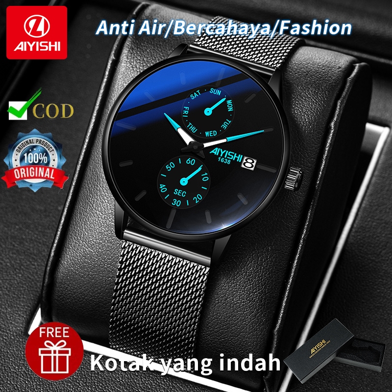 Jam Tangan Pria Anti Air Original 100% Tipis Fashion Aesthetic Hitam Arloji Pria Watch Menmeja siswa