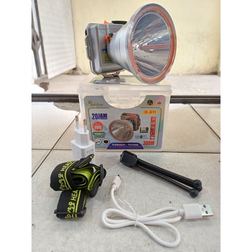 Senter kepala jinlong JL-A11 300watt cahaya putih super terang/senter kepala cas besar bagus/senter 