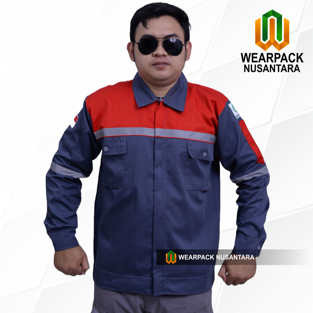Wearpack Safety Lengan Panjang Baju Seragam Proyek K3 Bahan American Drill Warna Abu Merah