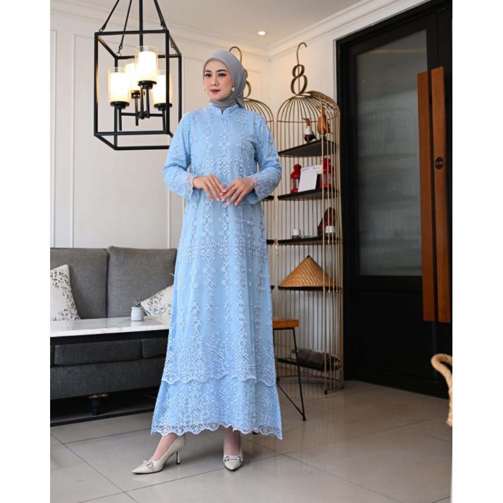 Gamis melayu tille bordir free hijab//gamis pesta//gamis Mewah untuk pesta//gamis melayu dua tingket