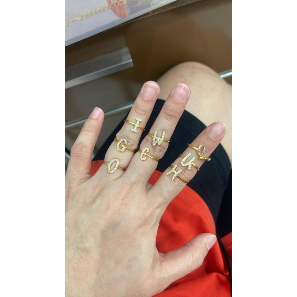 Cincin huruf C G H I O U W permata simple mewah elegant emas asli kadar 700