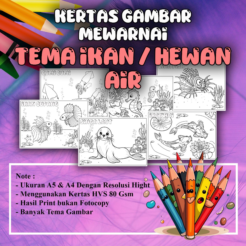 Kertas Gambar Mewarnai Tema IKAN / HEWAN AIR