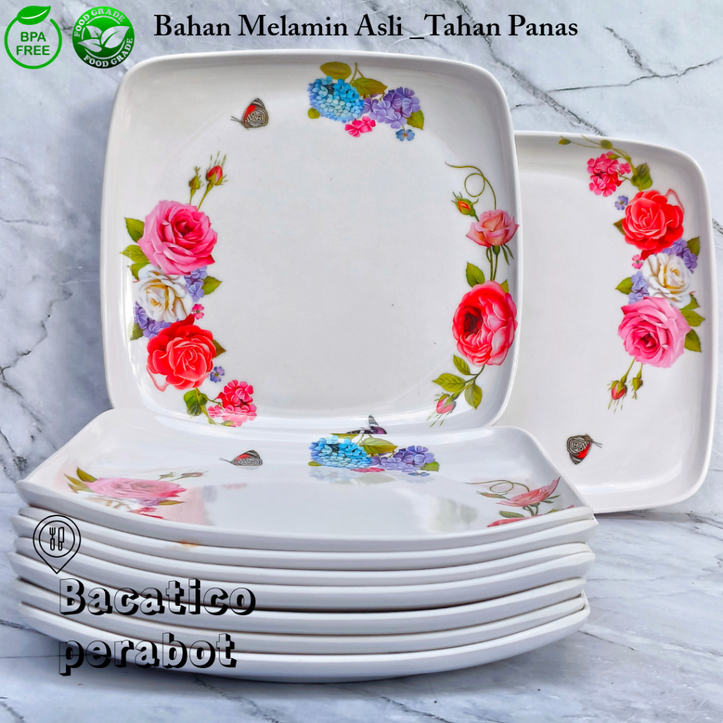 6 Pcs Piring Kotak Melamin Asli 10Inch Tebal Motif Kupu-Kupu Piring Teplek Prasmanan Set Tahan Panas