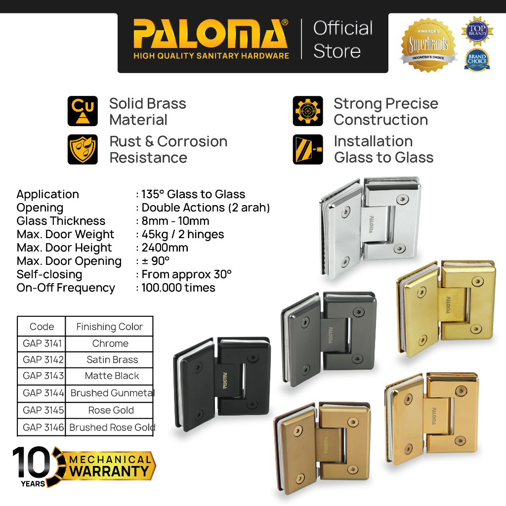 PALOMA Engsel Shower Hinge Pintu Kaca Kamar Mandi Jepit Penjepit Partisi Box Kaca ke Kaca Glass to G