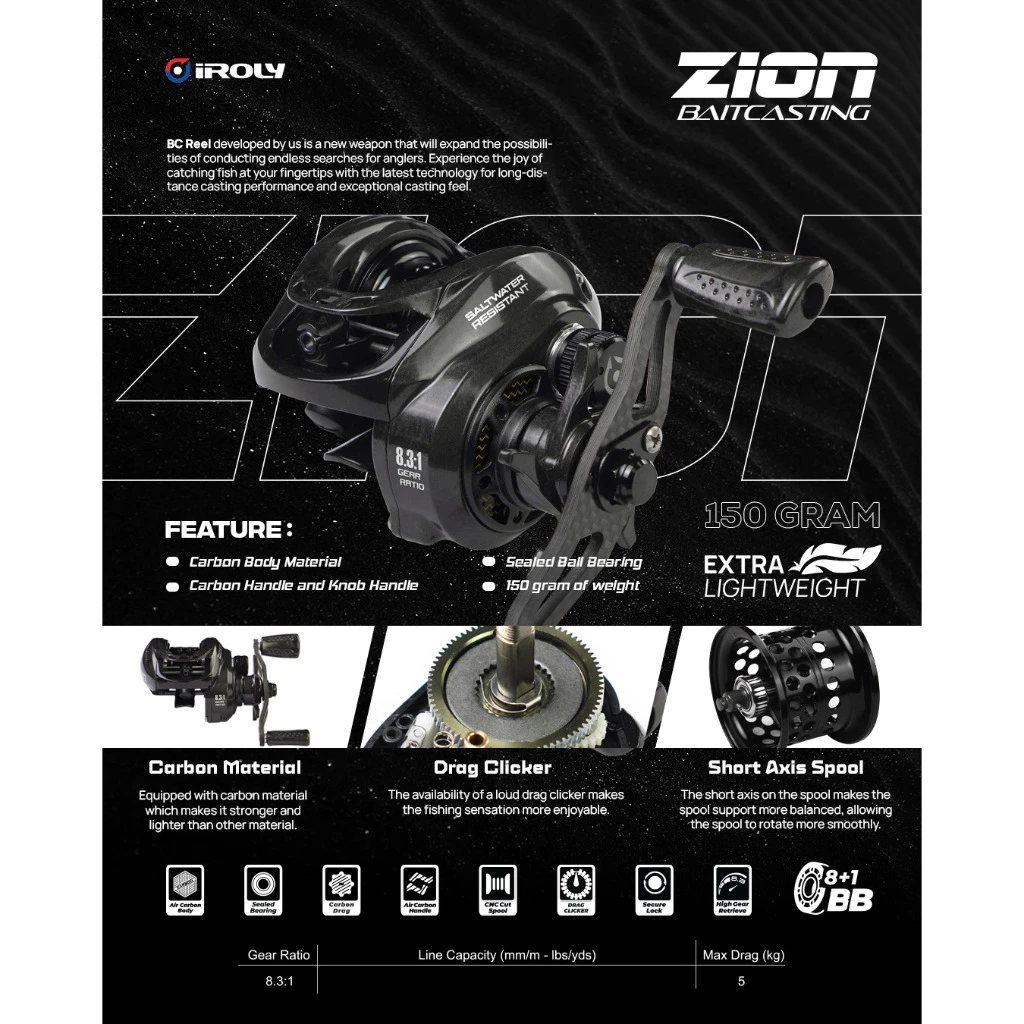 REEL IROLY ZION | BAITCASTING | RIGHT HANDLE | AIR CARBON BODY | 8+1 BALL BEARINGS