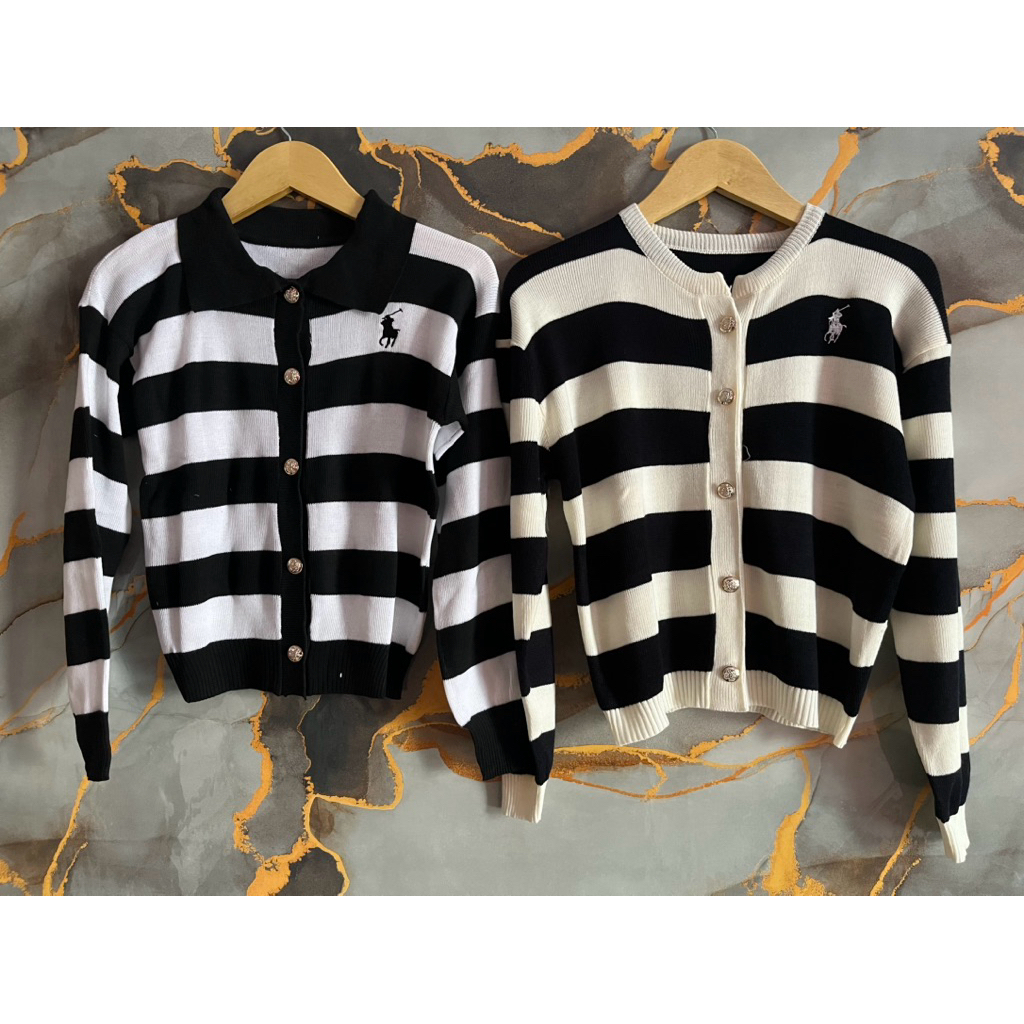 Cardigan Rajut garis polo hitam putih Wanita - Outer Rajut Lengan Panjang Kekinian Korean Look