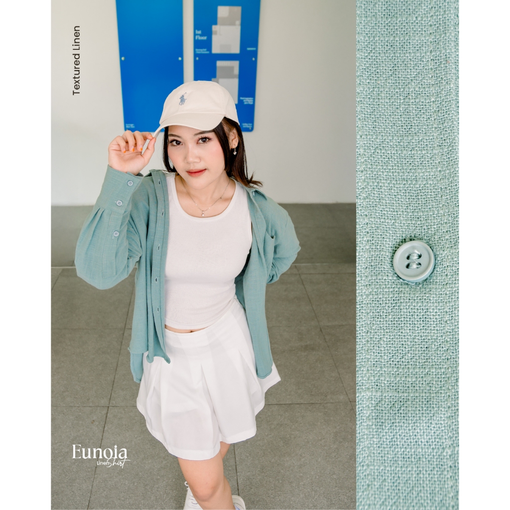 Kemeja Wanita Premium Blouse Linen Basic Biru Tosca  | EUNOIA Teal