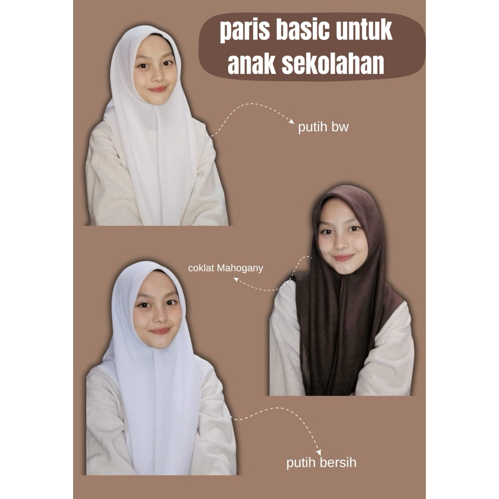 Hijab Segi Empat Polos Warna Putih - Hijab Daily Hijab Sekolah Bahan Paris Basic Premium by Bingah