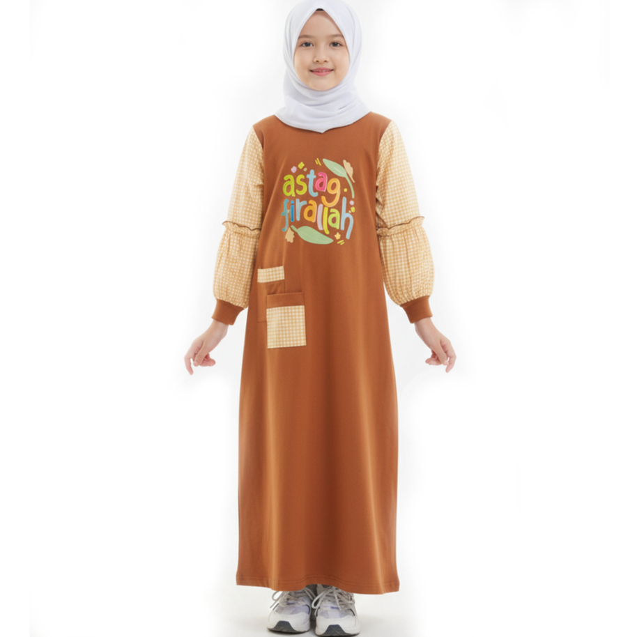 Shibakids -  Gamis Anak  Perempuan  Bahan Kaos Lengan  Katun Jepang  Mouza Series Coklat Almond