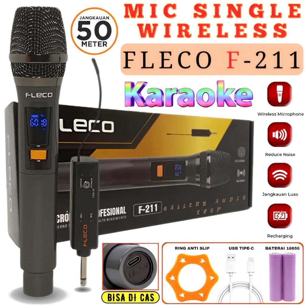 MICROPHONE FLECO F-211 Wireless Mic Free Sarung 15M Range  Mic single Profesional