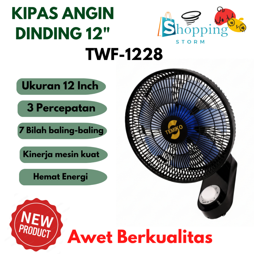 Kipas Angin Dinding 12 Inch Wall Fan Temiko TWF-1228 12 Inci Kipas Tembok Gantung Hitam Mewah Baling