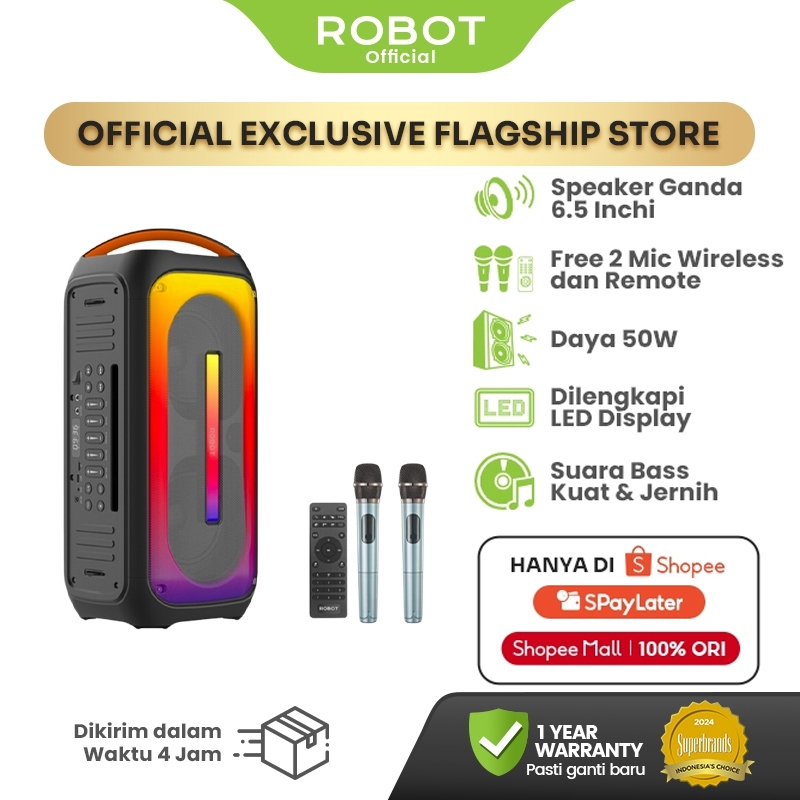 ROBOT Speaker Karaoke 50W Dual Microphone Wireless RGB Light Bluetooth 5.0 Speaker Bluetooth 6.5 Inc