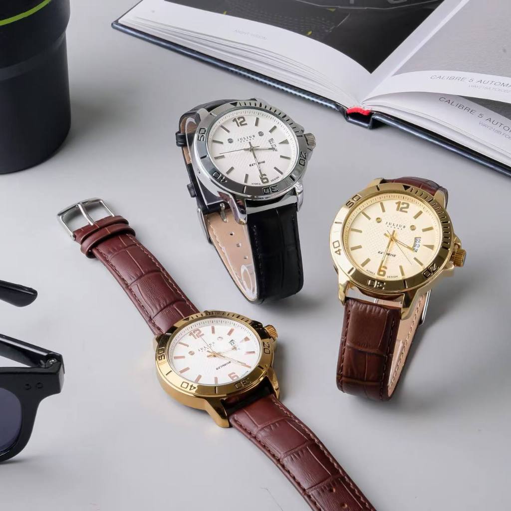 Jam Tangan Pria JULIUS JAH-009 dengan Kalender, Tali Kulit Asli, Tahan Air, Kotak Hadiah Gratis