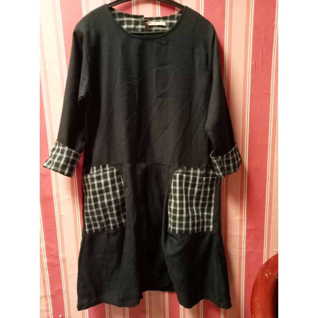 Baju Tunik Long Dress Wanita Bahan tunik Warna Hitam Kombinasi Second