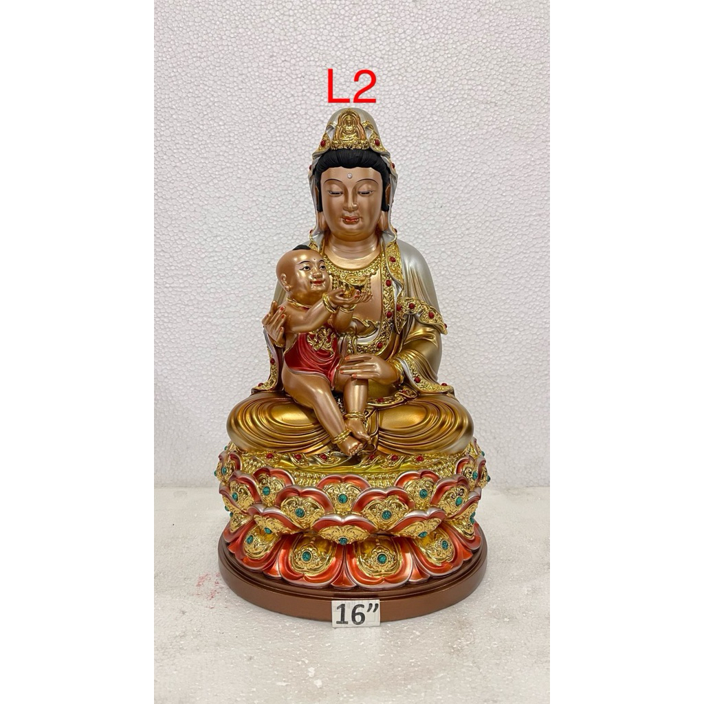 patung Dewi kwan im gendong anak 16in bahan resin L2