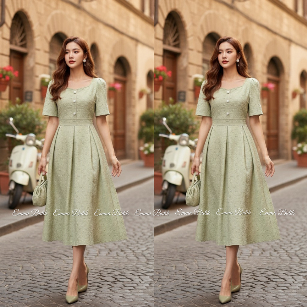 Emma.Butik E00296 Gaun Midi Wanita Dress Merah Casual Kondangan Gereja Pesta Gaun Formal Lengan Pend