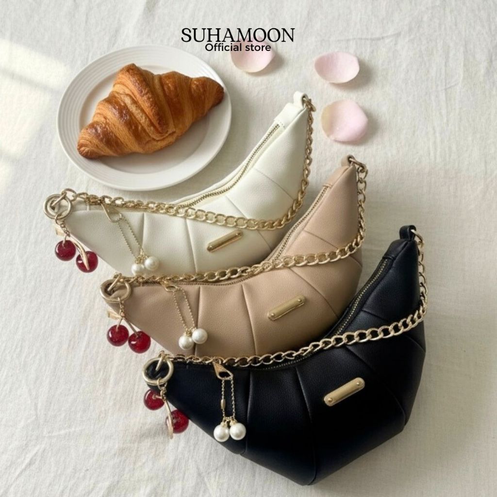 Suhamoon - Tas Croissant  Free gantungan Sling Bag Wanita Shoulder Bag Kekinian dengan Rantai Emas