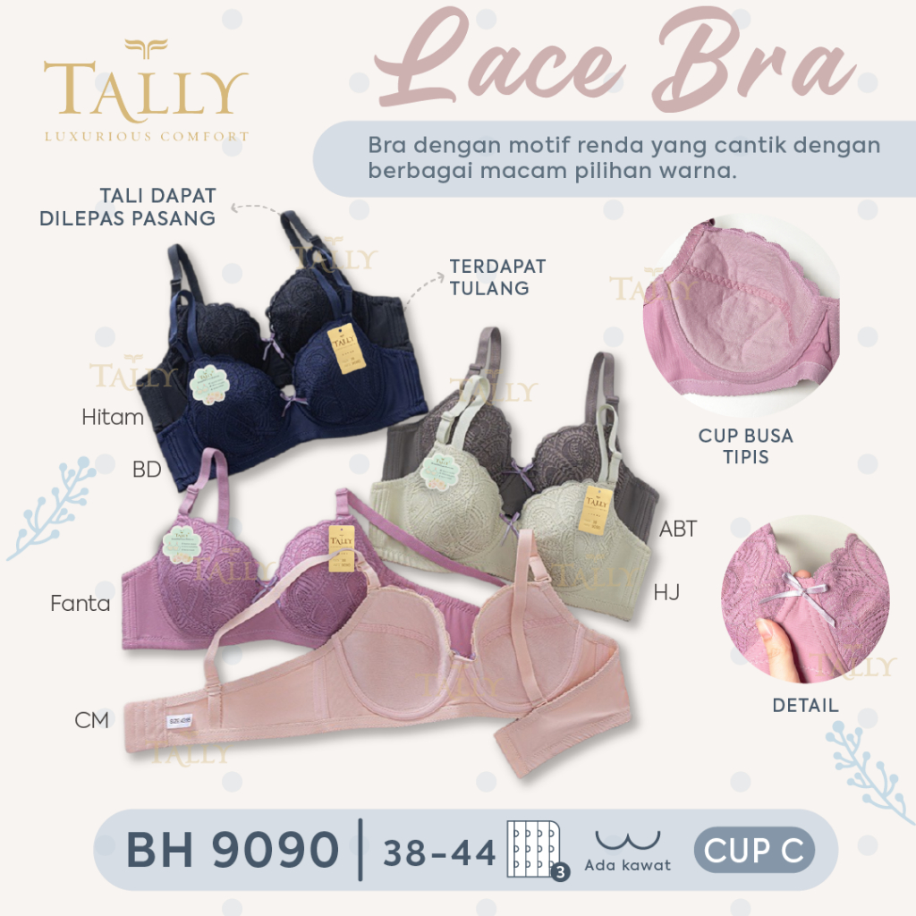 RVC75 - TALLY Bra Tanpa Busa Berkawat 36-44 Kait 2 dan 3 | BH Brukat Pakaian Dalam Dewasa Underwear 