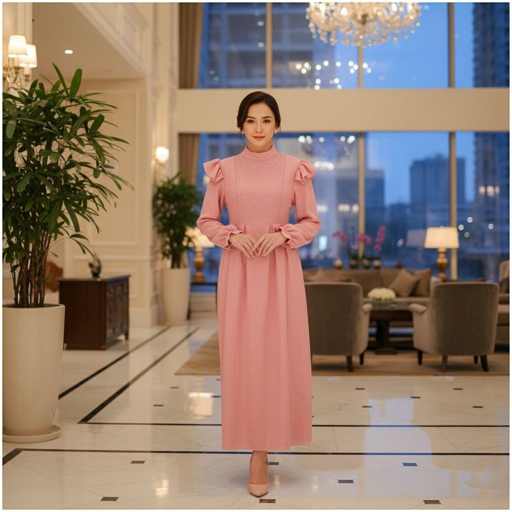 Amanda Korean Ruffle Sleeve Long ALine Dress Brokat Combination - Dress Lengan Panjag Warna Pink Hij