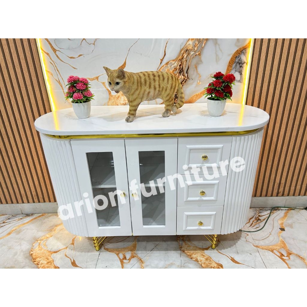 Bufet TV Oval 120cm / Bufet Cendana Konsul/ bufet kapsul/meja bulat/meja kaki besi list gold/bufet k