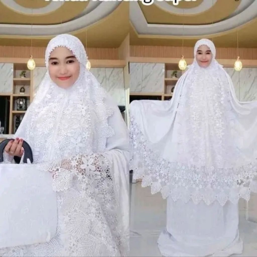 Mukena dewasa sutra Paris putih full renda