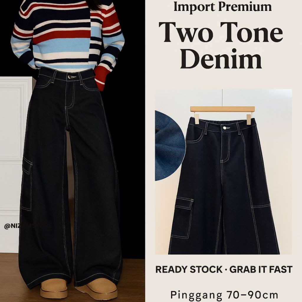 Celana Jeans Wide Leg Wanita Import Premium | Two Tone Denim Pants Sobek Modern Fit Pinggang 70-90cm