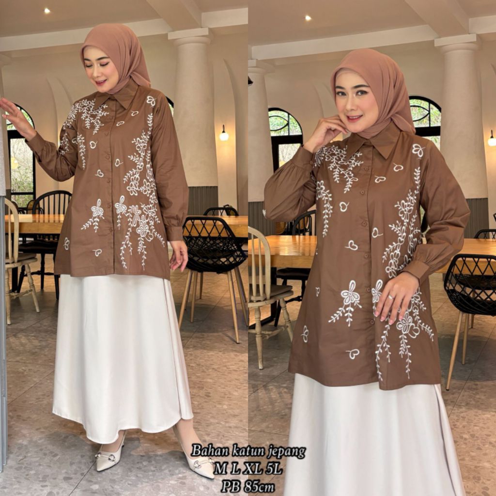 TUNIK BORDIR KATUN JEPANG | ATASAN TUNIK KATUN BORDIR BUNGA MENYEBAR | KEMEJA WANITA MUSLIMAH BORDIR