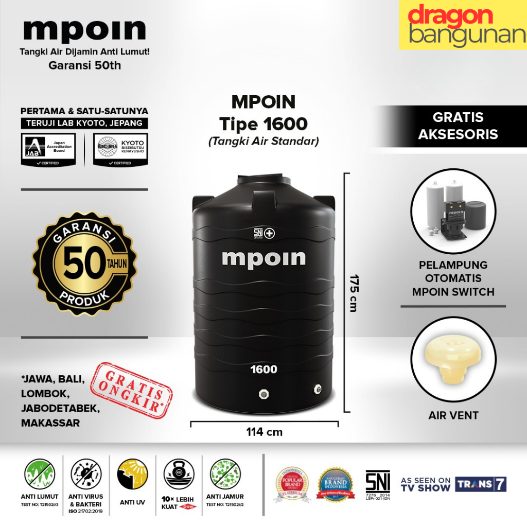 Toren / Tandon / Tangki Air Mpoin Plus 1600/ Mpoin Wave 1600 Hitam