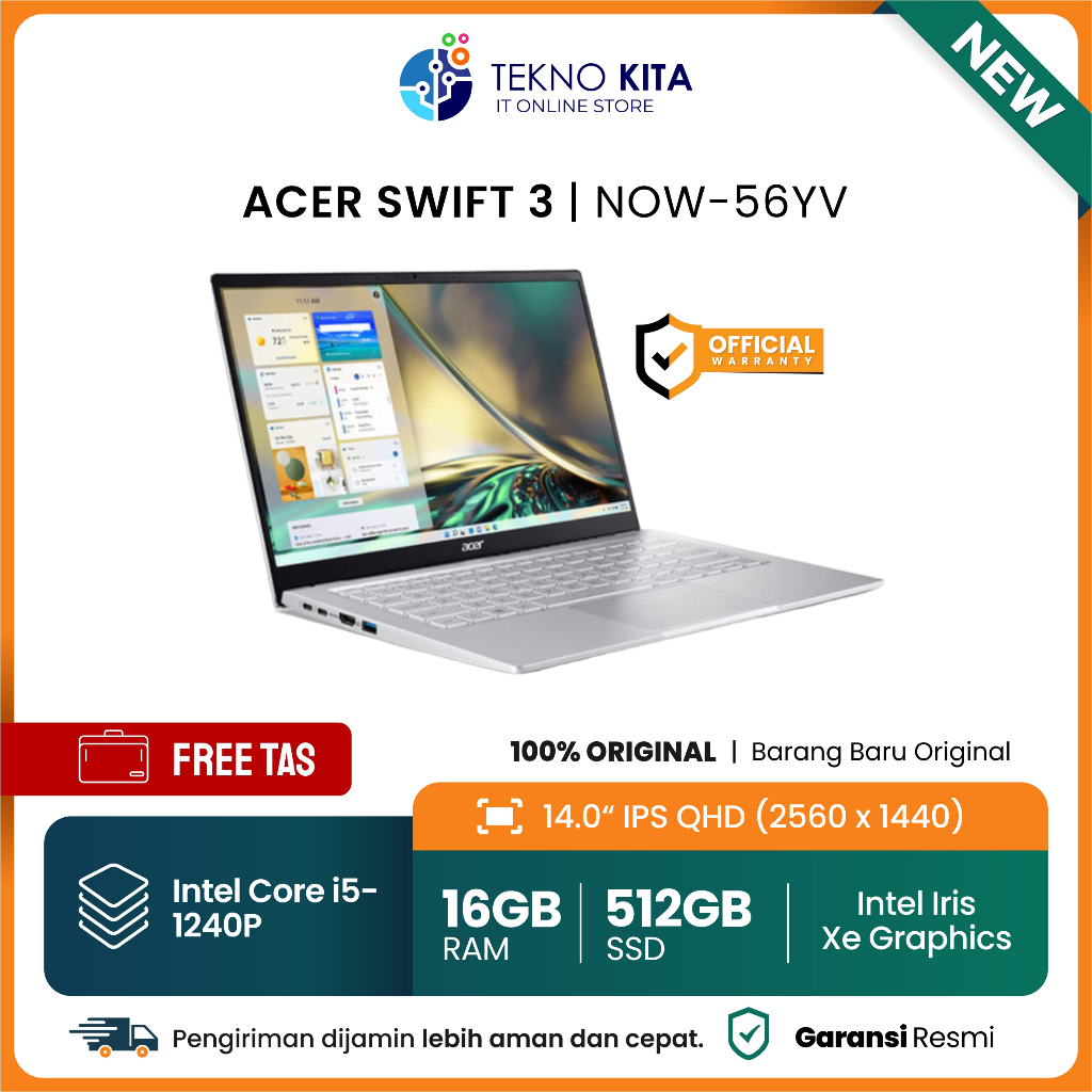 ACER SWIFT 3 NOW-56YV - LAPTOP ACER SLIM | CORE I5-1240P | 16GB RAM | 512GB SSD | 14" QHD IPS 100% S