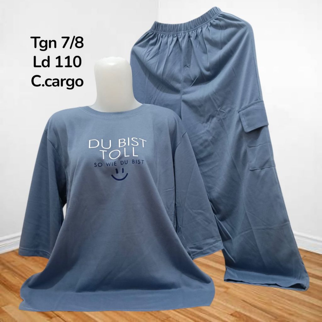 SETELAN WANITA KEKINIAN  BAJU SANTAI CELANA CARGO LENGAN 7/8